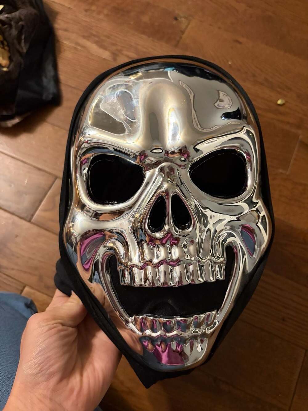 Silver Chrome Skull Mask with Black Hooded Cape and Foam Padding